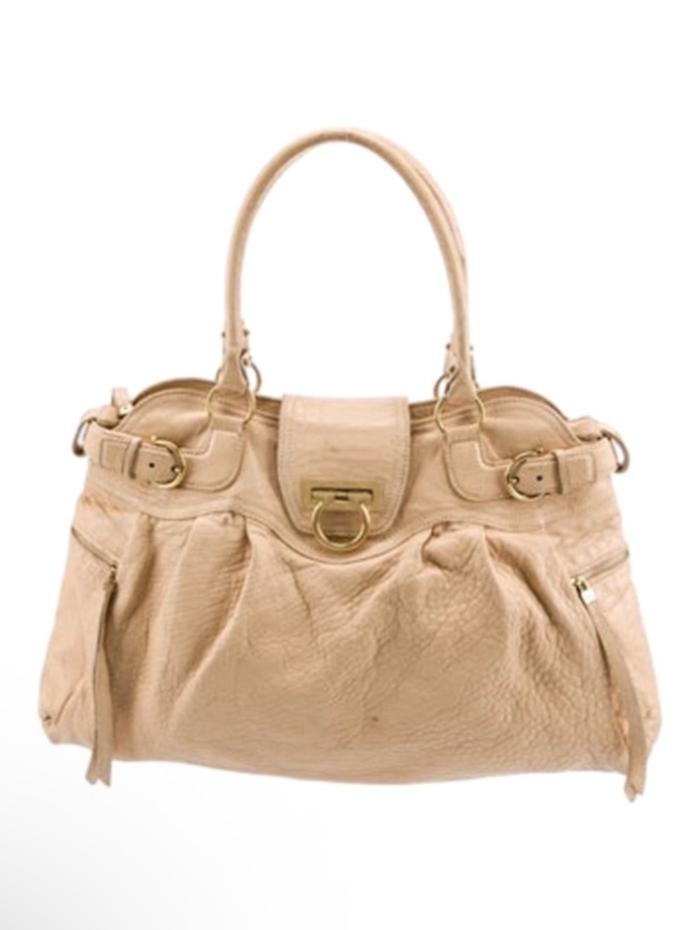 SALVATORE FERRAGAMO LARGE HOBO SHOULDER/HANDBAG GANCINI LOCK BEIGE/CREAM LEATHER